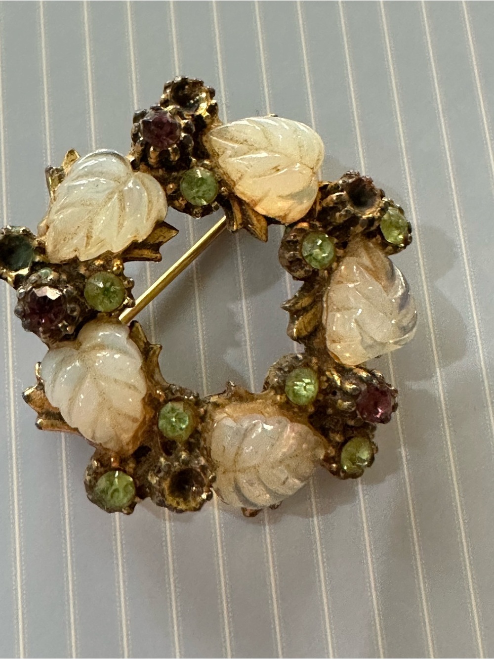 Vintage-Inspired Leaf Wreath Brooch in White, Green & Purple